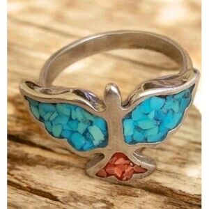Vintage Phoenix Bird Ring Native American Style Turquoise Coral Inlay 70s Sz 5